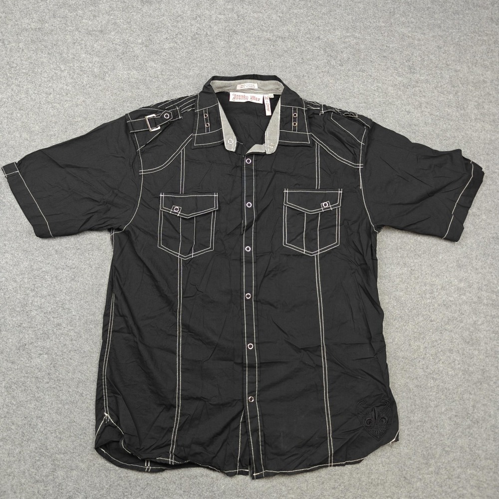 Franky Max Shirt Mens XL Black Embroidered Striped Cotton Short Sleeve Button Up